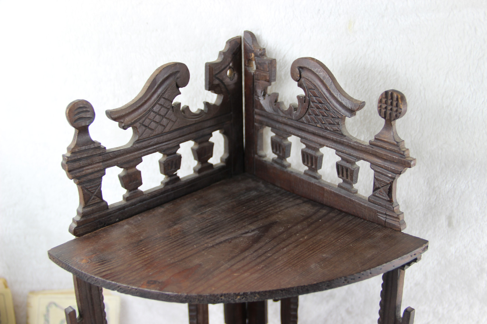 Rare German black forest style wood carved Rack console w photo frame 2 level 