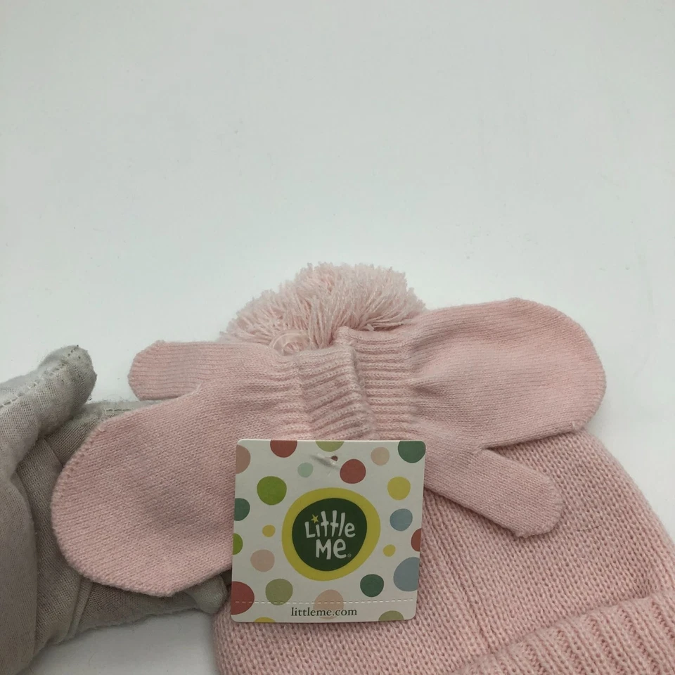 NUEVO CON ETIQUETAS Little Me 12M-24M Rosa Pom Pom Invierno Sombrero Gorro Mitones Conjunto Niñas Tejido Foto 2 de 4