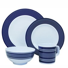 Flamefield Navy Blue Pinstripe 16 Piece Camping Caravan Melamine Dinner Set 