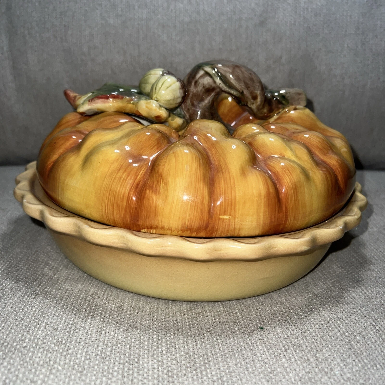 Vtg. Pumpkin Thanksgiving Ceramic Pie Plate Fall Dessert Server w/ Covered Lid