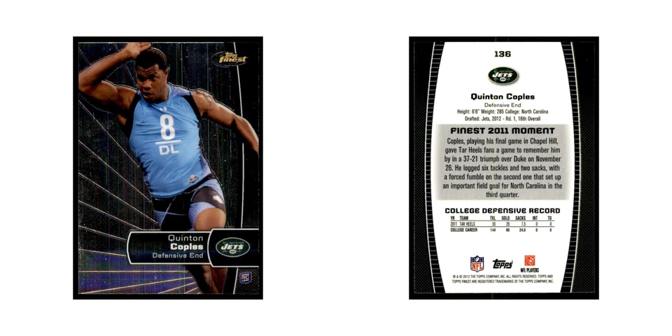 Quinton Coples Rookie 2012 Topps Finest #136 New York Jets Football Card NM - Image 3 of 3
