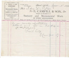 1893? Invoice, E. Camfill & Son, Statuary, Forest Hills, Boston, Massachusetts