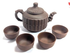 Yixing Zisha Purple Clay Teapot Set with 4 Cups Boxed Chinese Vintage Marked