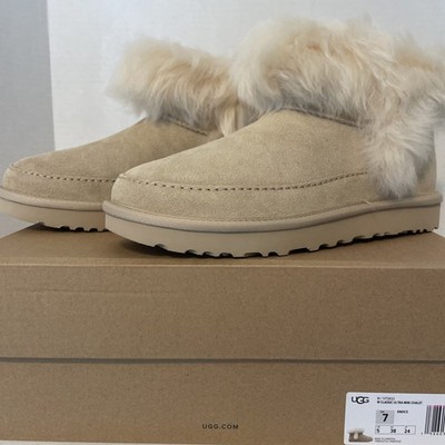 UGG Womens Classic Ultra Mini Chalet Fluffy Sheepskin  Boot  Sandcastle Sz 7.0