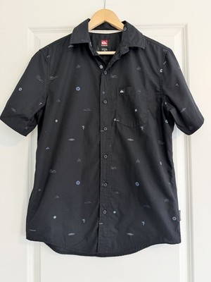 Quicksilver Black Short Sleeve Button-up Shirt Surf Print Size S Surf Streetwear