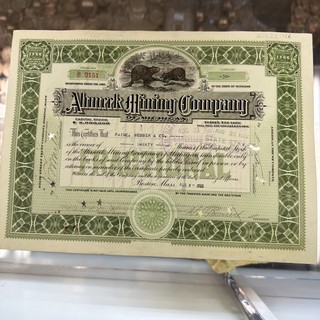 Ahmeek Mine Stock Certificate Michigan
