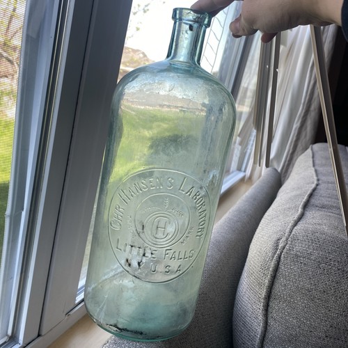 Rare HUGE CHR Hansen Laboratory Bottle Aqua Little Falls NY Apothecary Jar