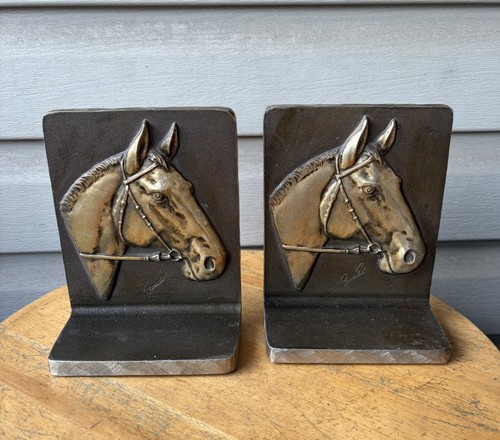 Vintage MCM Bruce Fox Horse Brown Etched Metal Work Bookends Heavy 7" Signed 2
