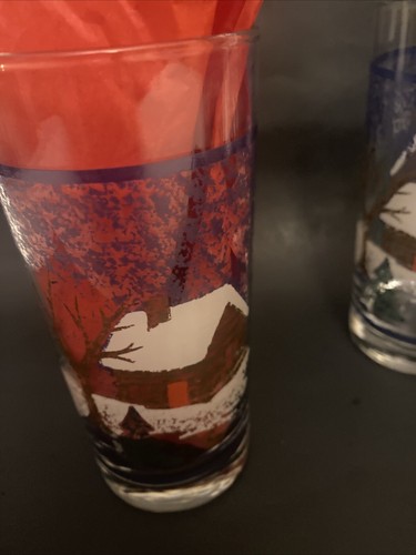 4 Vtg. Christmas Drinking Glasses Tumblers Log Cabin Winter Scean - Picture 5 of 16