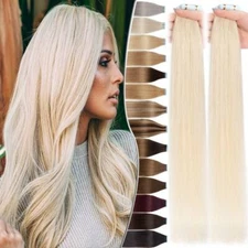 Super Tape In Remy Real Human Hair Extensions Full Head Thick White Ombre 60pcs