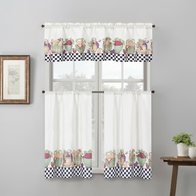 EHP 3 Piece Printed Kitchen Curtain Set, 1 Valance & 2 Tiers