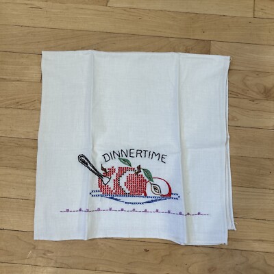 VTG FLOUR SACK HAND EMBROIDERED  DINNER TIME   DISH TOWEL 28''X28'' NEW