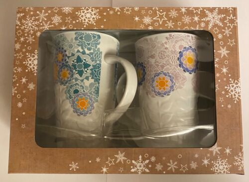 Gift Box set of 2 Beautiful Flower Latte mugs pink purple blue or turquoise - Picture 1 of 11