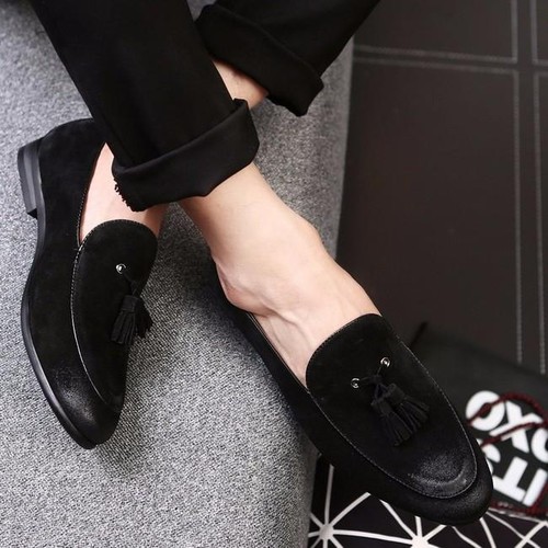 Men black Suede Tassels moccasins 