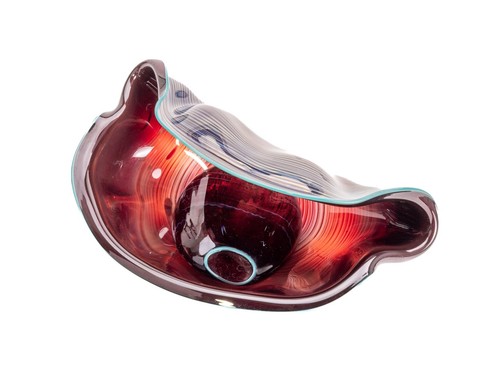Dale Chihuly 1986 Großes Glas Ochsenblut Seeform mit türkisfarbenem Lippenwickel - Bild 2 von 14