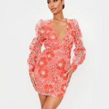 Fashion Nova Orange Puff Sleeve Mini Dress