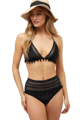 Davi & Dani Solid Bikini Set with Pompom Stylish Fun Swimwear