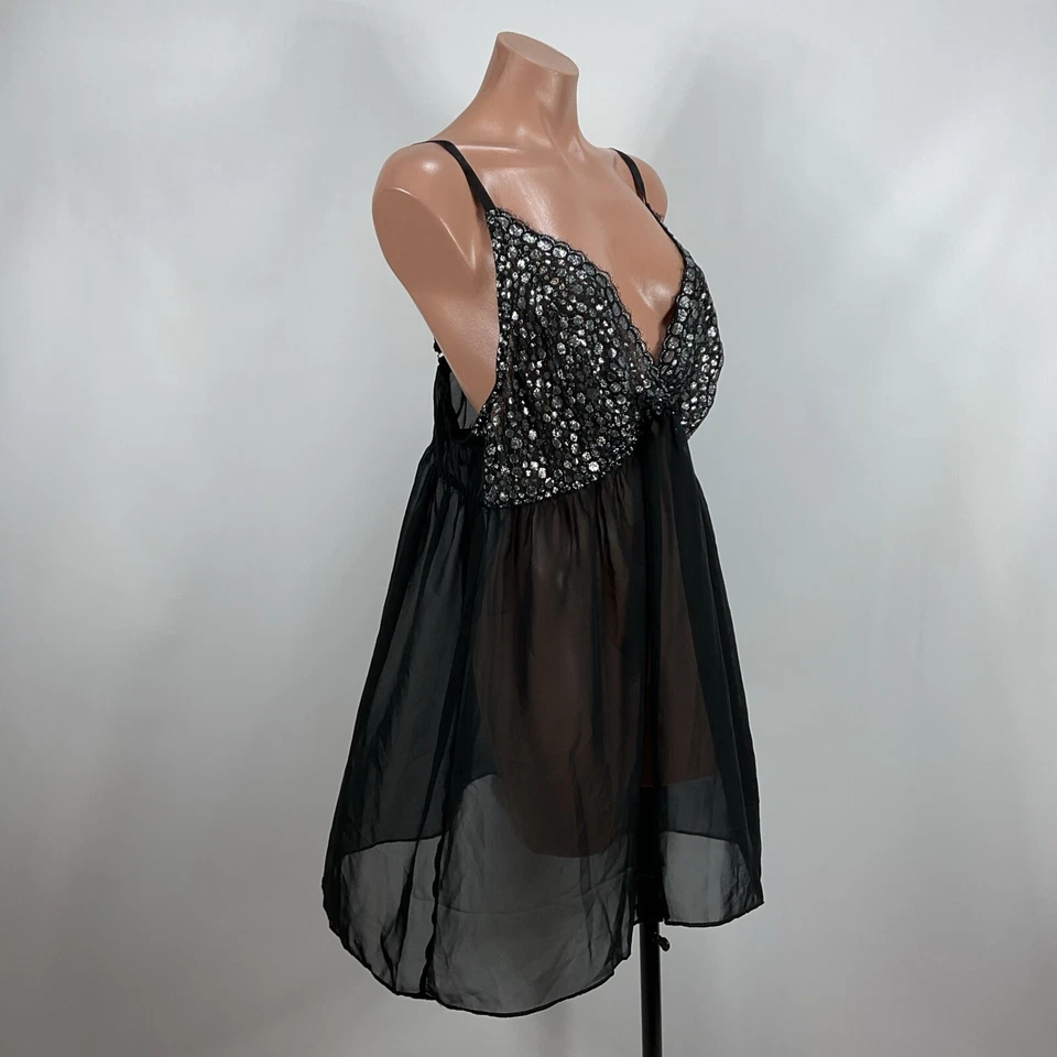 Camisola curta Cacique Negligee Babydoll feminina preta prata renda transparente 18/20 - Imagem 4 de 4