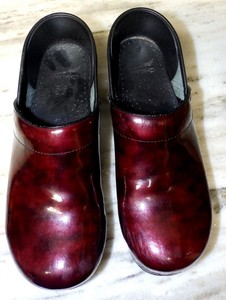 red patent clogs