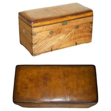 CIRCA 1880 CAMPHOR WOOD & BROWN LEATHER MILITARY CAMPAIGN STORAGE TRUNK BENCH