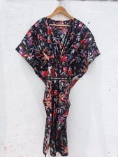Indian Black Long Bird Print Cotton Hippie Maxi Women Nightwear Caftan Dress
