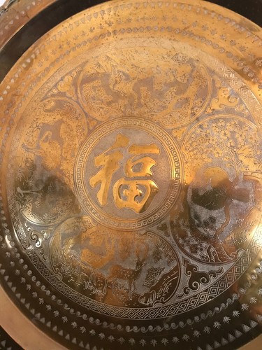 Large Vintage Oriental Brass Serving Tray or Wall Decor Hong Kong - Picture 3 of 12