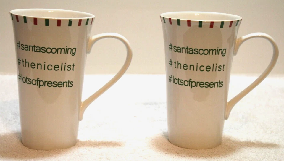 222 Пятый озорной или хороший рождественский список фарфора латте кружки набор из двух новый - Изображение 3 из 3