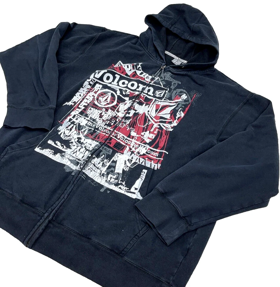 Vintage Volcom Hoodie Men XXL 2XL Black Full Zip Jacket Y2K Skater Cyber Punk - Image 2 of 4
