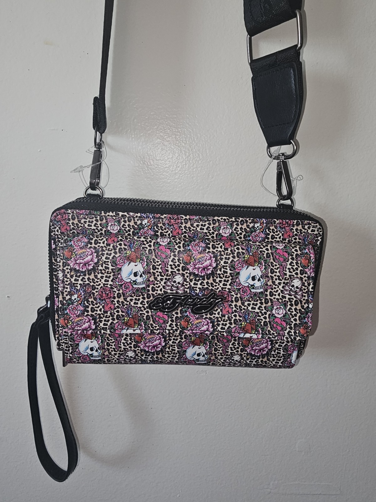 Ed Hardy Leopard Print Skull Rose Crossbody Wristlet Bag, Zip, Pockets