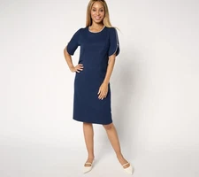 Susan Graver Women's Petite Dress PS Smart Ponte with Pearl Trim Blue A672500