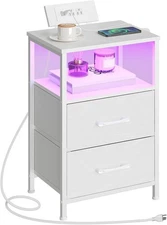HOOBRO Nightstand with Charging Station, Bedside Table LED Lights White 