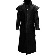 Mens Genuine Leather Long Black Coat - Duster, Riding, Hunting, Steampunk, T