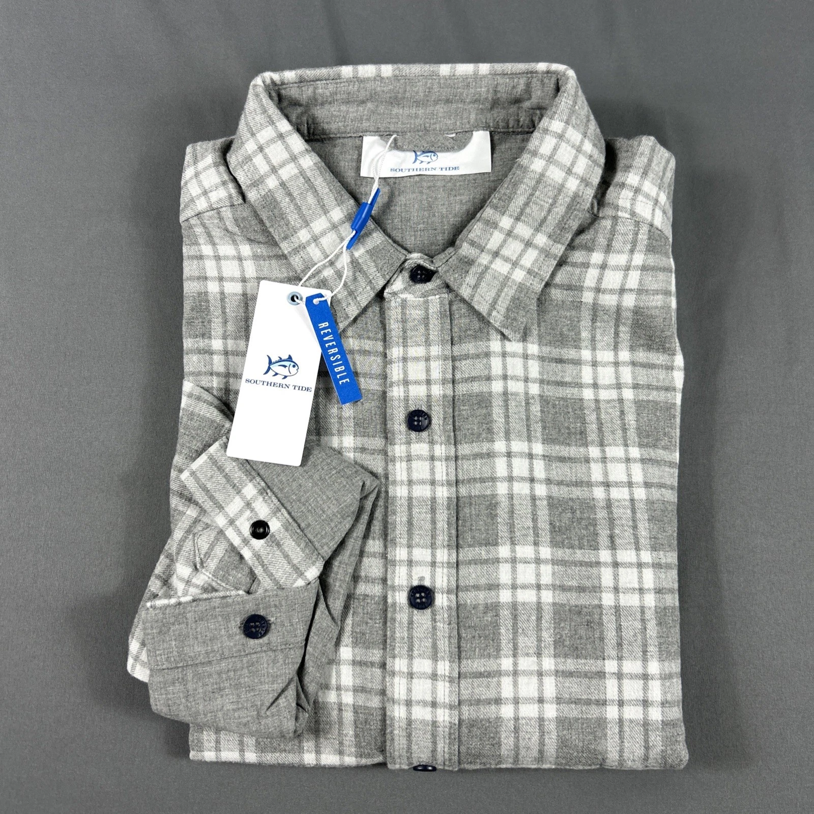 Southern Tide Sport Shirt Melbourne Reversible Plaid Medium Gray NWT MSRP $145