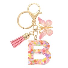 Initial Letter Keychains, Resin Cute Pendant with Butterfly Tassel, Pink-B