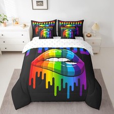 7 Pieces Teens Pride Theme Comforter Set Full Size Rainbow Lips Bedding Set w...