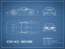 Poster - Ferrari Dino 206 Blueprint, Retro Modern Patent, 3 Sizes