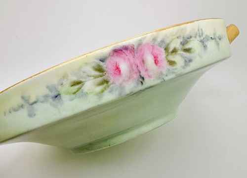 Antique Porcelain Hand Painted Pink Rose Swags Gold Handled Deco Shape Bowl Dish - Picture 2 of 12