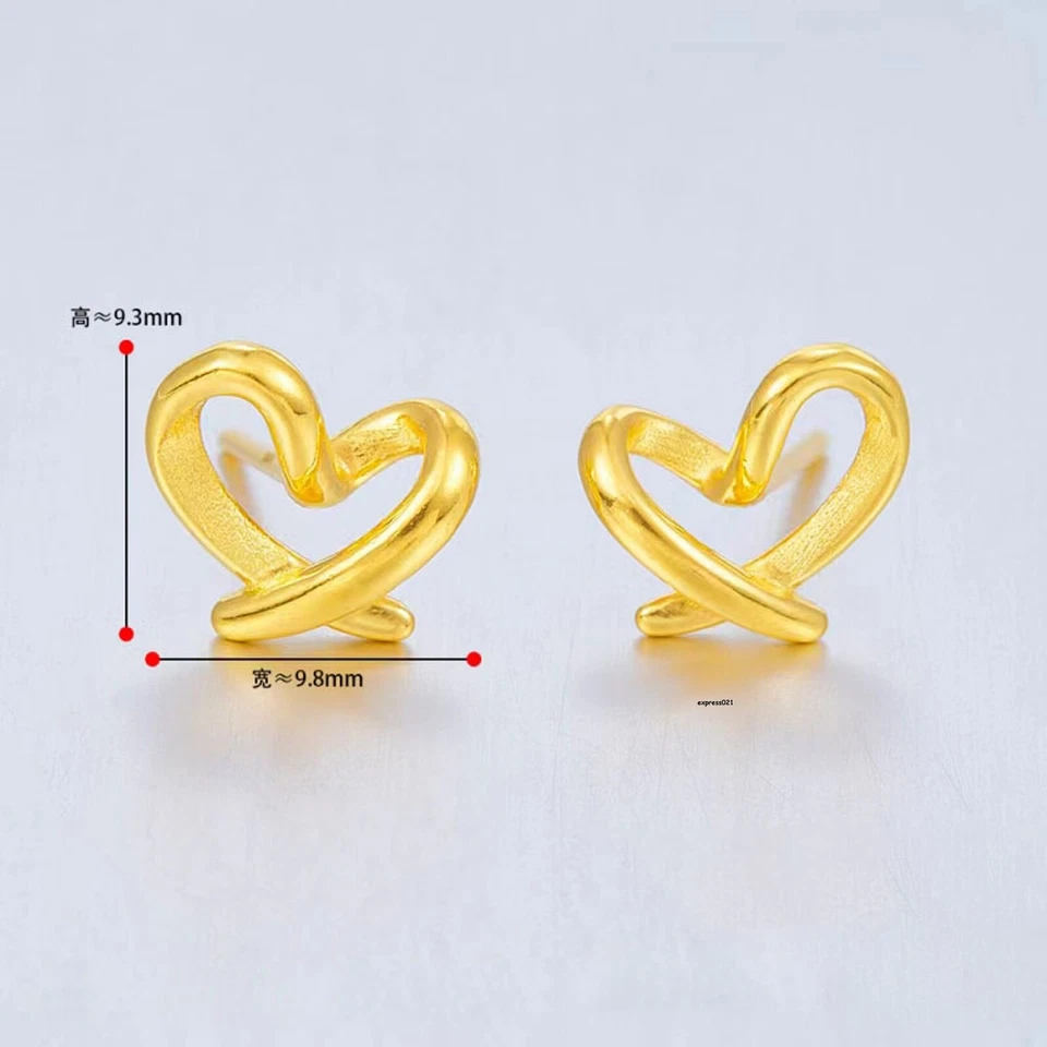 1 Pair Pure 999 24k Yellow Gold Stud Women Lucky Gift Cross Heart Earrings 1.79g - Image 3 of 4