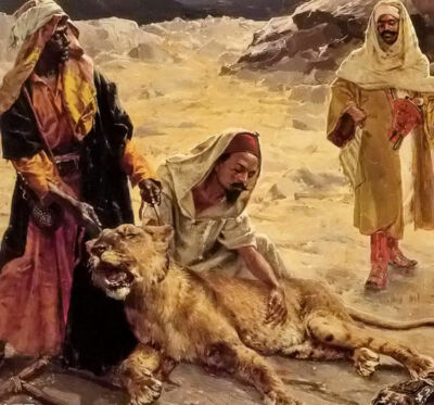 Oil painting rudolf ernst - the captured lion arabs with wild animal on canvas