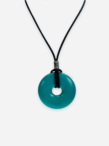 Turquoise Donut Unisex Necklace 35mm Black Leather Cord Stainless Steel Clasp - Picture 2 of 8