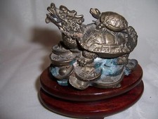 ANTIQUE CHINESE BRONZE MYTHICAL DRAGON TURTLE ON COINS GOOD FORTUNE FIGURINE