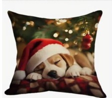 Puppy Santa Holiday Christmas Tree Linen Throw Pillow Cover Holiday Home Decor