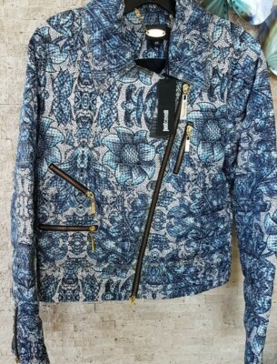 Roberto Cavalli Blue Down Puffer Coat Bomber MOTO Cropped Jacket IT42 S US4