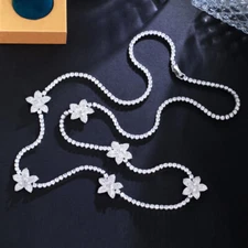 Gorgeous White Gold Plated CZ Flower Link Long Sweater Tennis Necklace Jewelry