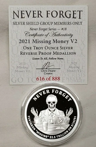 1oz 2021 Missing Money V2 Silver Shield Proof Never Forget Series Coin# 18