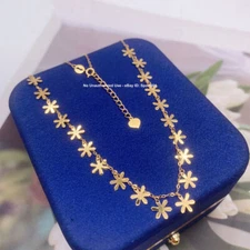 Pure Solid 18K Yellow Gold Flower Charm O Chain Necklace / Bracelet / Earrings
