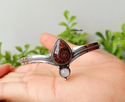 #ad #ad Ammonite Fossil Moonstone Solid 925 Sterling Silver Adjustable Cuff Bangle M1855 $19.35