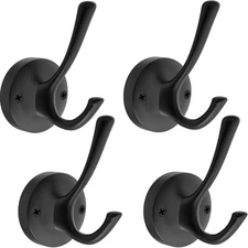 4 Pack Matte Black Wall Hooks, Heavy Duty, Metal Double Hook, Coat, Towel, Robe