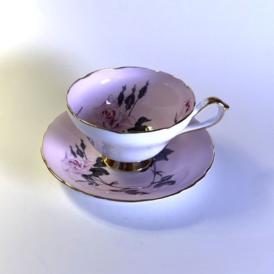 SUTHERLAND Teacup Saucer Bone China Light Pink with Pink and Gray Roses Gold UK