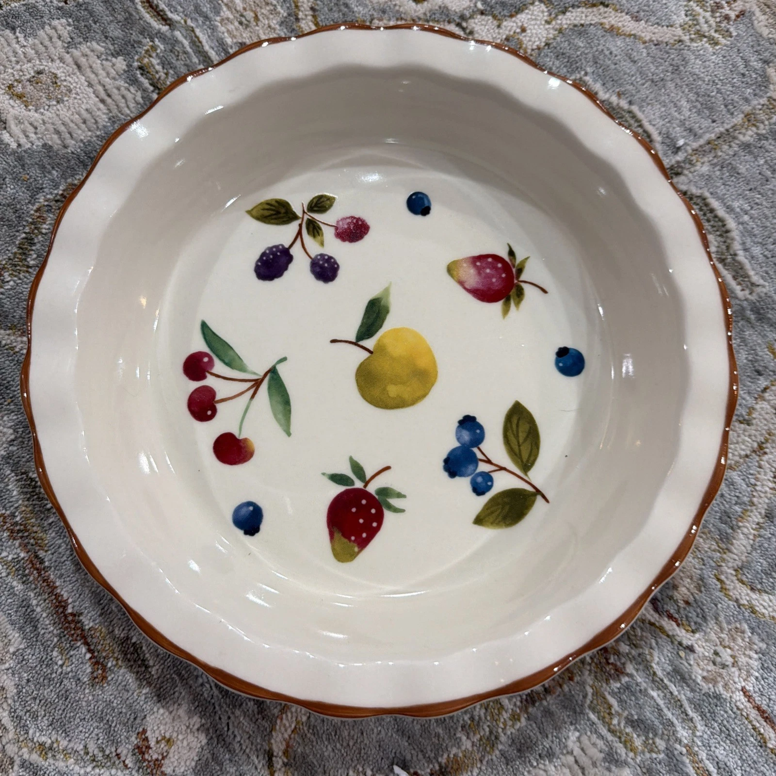 Longaberger FRUIT MEDLEY Berry 10” Pie Plate With Scalloped Edge Dish Bowl